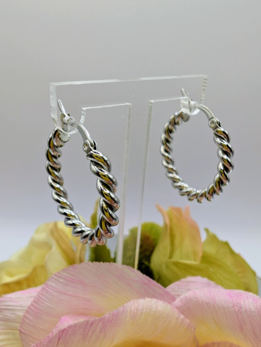 Silver Stainless Steel Twisted Rope Hoop Earrings - 1.15"